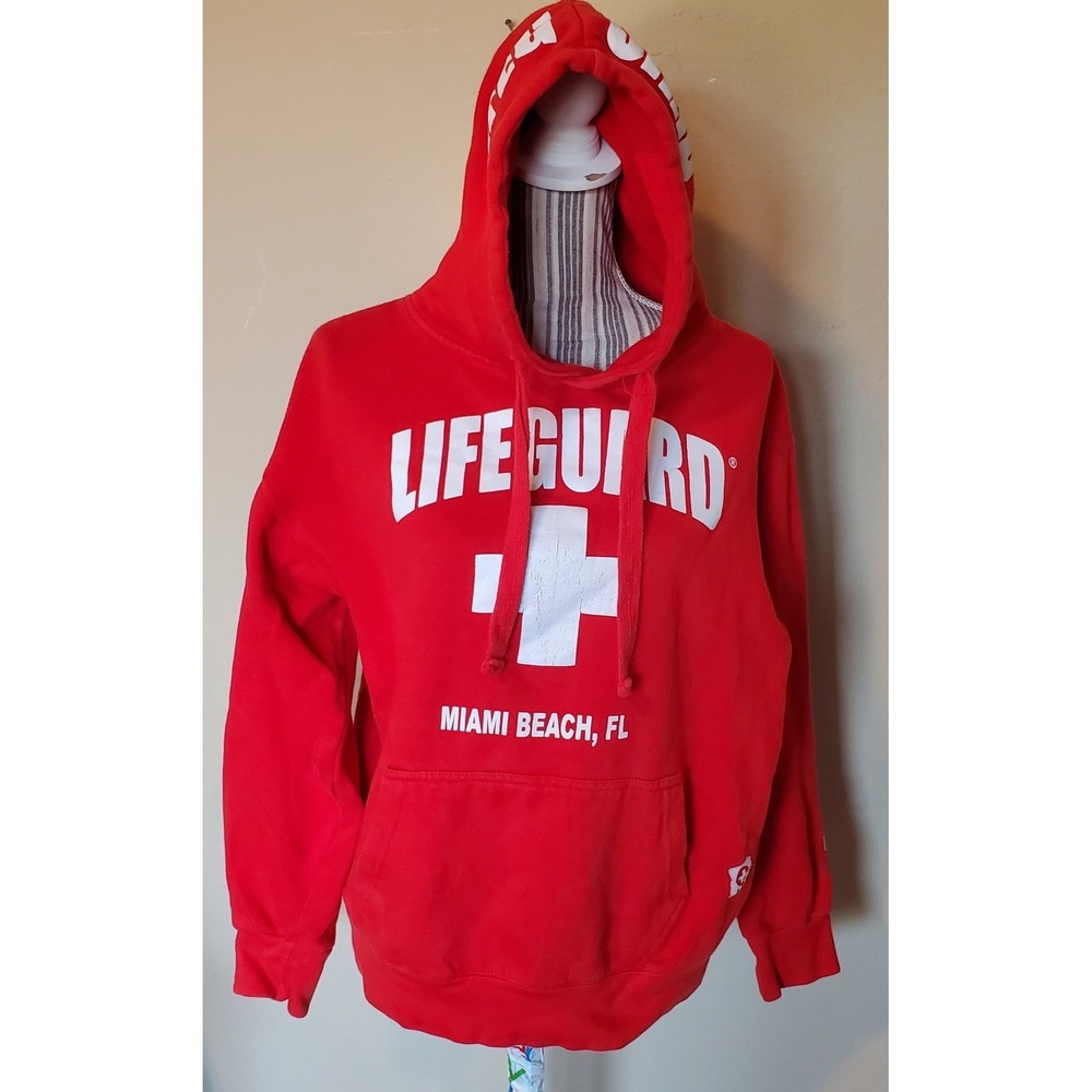 Lifeguard Miami Beach FL Hoodie Red Graphic Pullover Sweatshirt Large